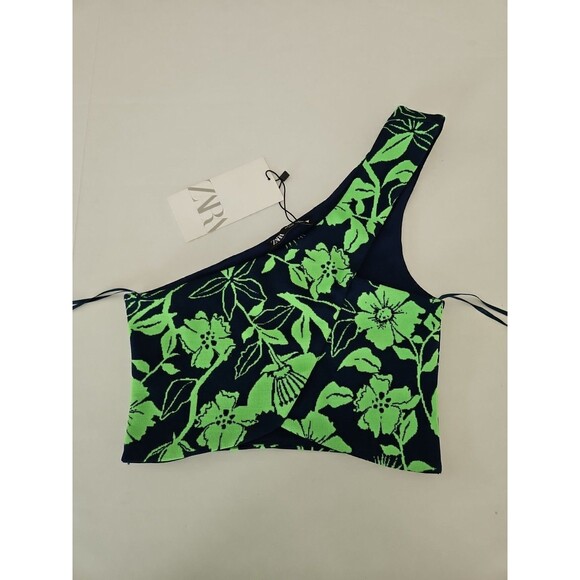 Zara Asymmetrical green  Blue Crop Top One Shoulder size S Nwt Tropical Festival - Picture 1 of 6